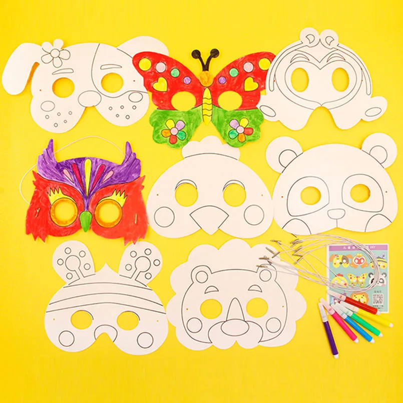 8Piece Kids Cartoon Animal DIY Graffiti Art Crafts Mask Toy Paper Mask Hand-painted White Paper Card Material with Color Pens - Image 2
