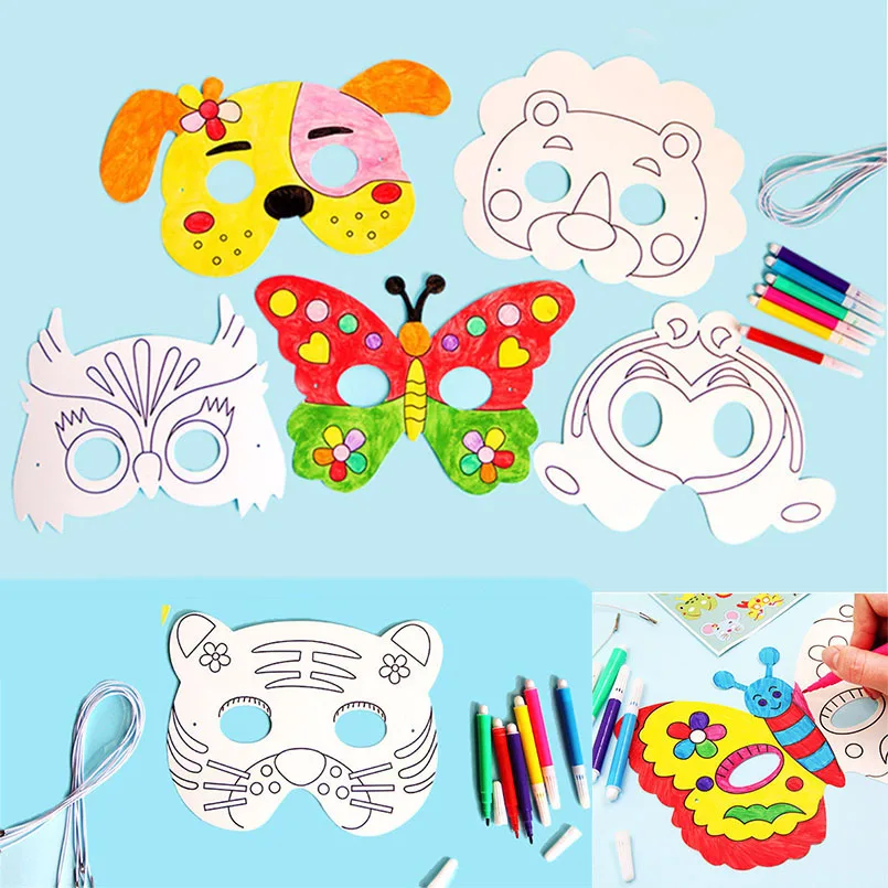 8Piece Kids Cartoon Animal DIY Graffiti Art Crafts Mask Toy Paper Mask Hand-painted White Paper Card Material with Color Pens - Image 3