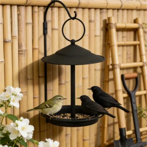 A four-season universal hanging bird feeder and birdbath – no assembly required | Heavy-duty iron water tray for gardens and yar