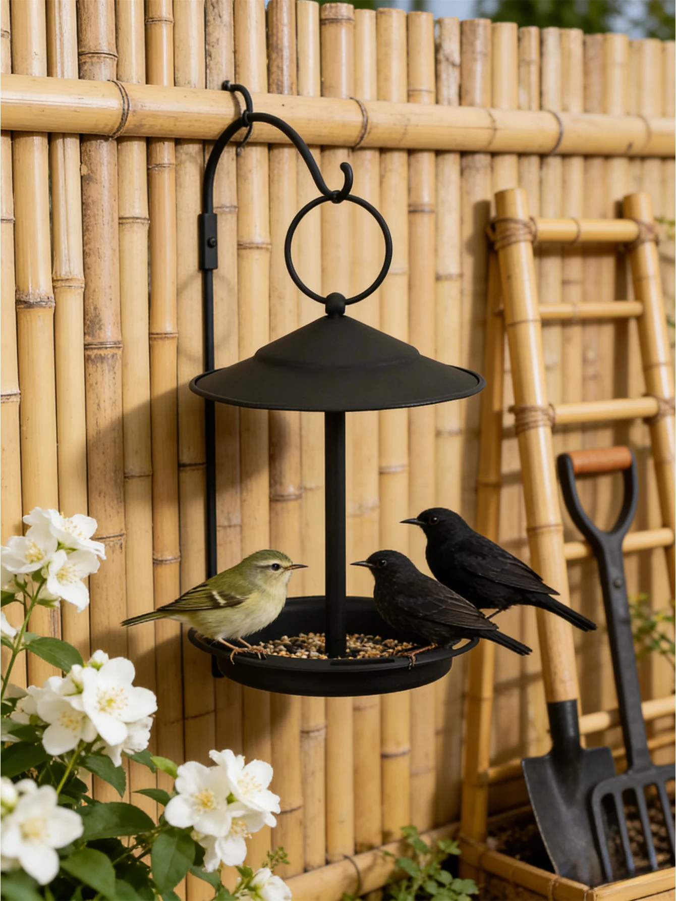 A four-season universal hanging bird feeder and birdbath – no assembly required | Heavy-duty iron water tray for gardens and yar