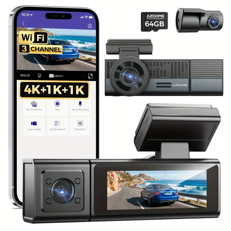 AZDOME M500 4K Dash Cam 3 Channel Car DVR Front Rear Inside 4K+1K+1K Night Vision G-Sensor 24H Parking Monitor Voice Contro - Image 2