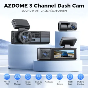 AZDOME M500 4K Dash Cam 3 Channel Car DVR Front Rear Inside 4K+1K+1K Night Vision G-Sensor 24H Parking Monitor Voice Contro