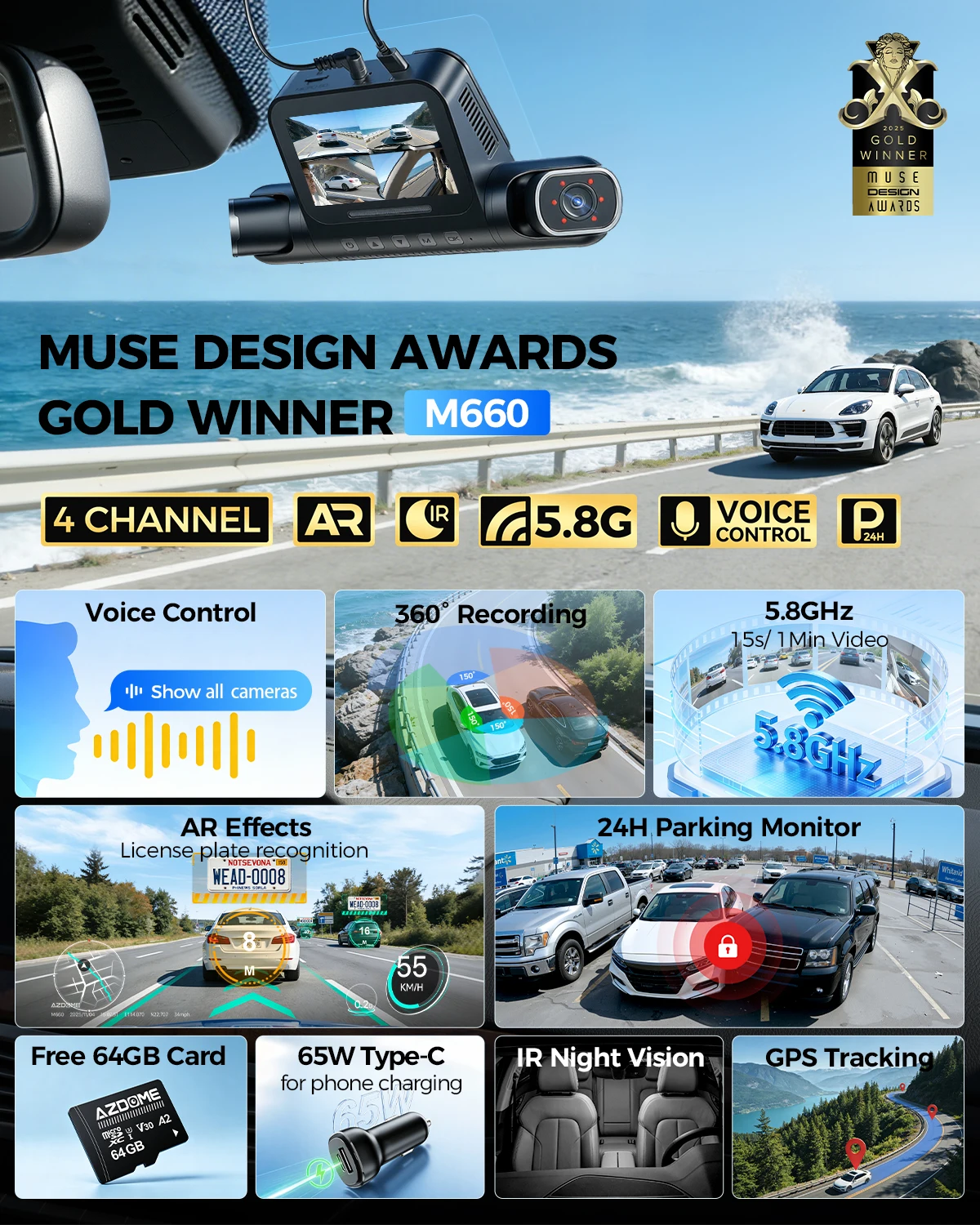 AZDOME M660 Car DVR 4 Channel 360° Dash Cam Front Rear Inside Car Camera 5.8G WIFI GPS Dash Camera 2.5K+1K+1K+1K Parking Monitor - Image 2