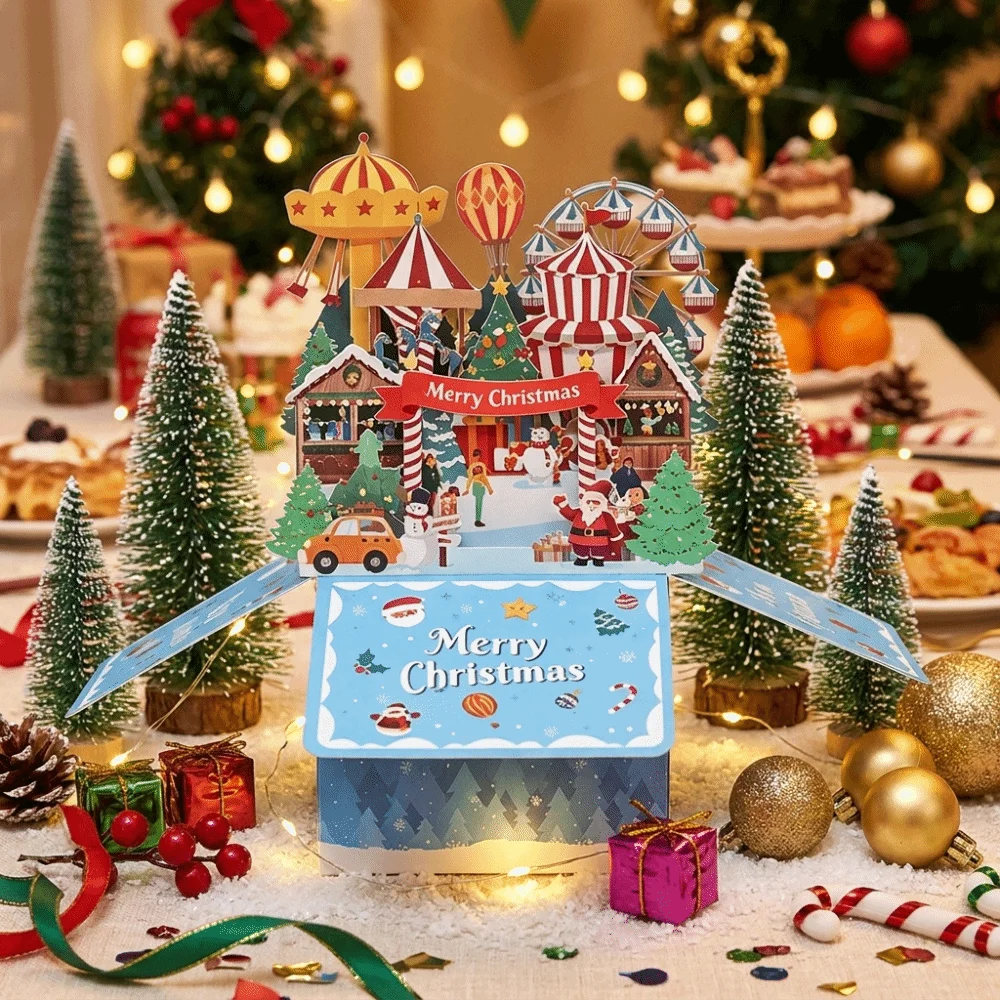 Amusement Park Theme Cat Christmas Greeting Card Paper Carved Handmade 3D Pop Up Card with Envelope - Image 2