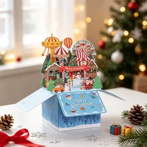 Amusement Park Theme Cat Christmas Greeting Card Paper Carved Handmade 3D Pop Up Card with Envelope