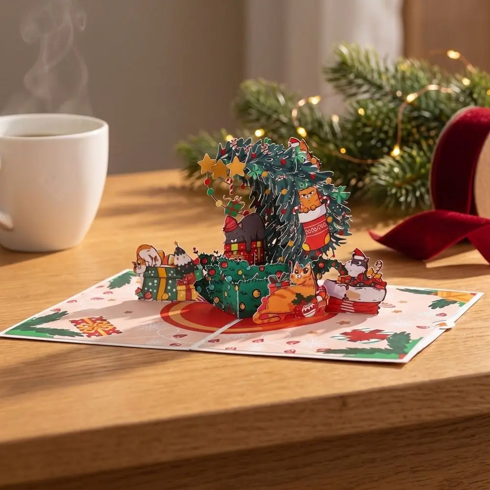 Amusement Park Theme Cat Christmas Greeting Card with Envelope Paper Carved Holiday Blessing Message Card Handmade - Image 3
