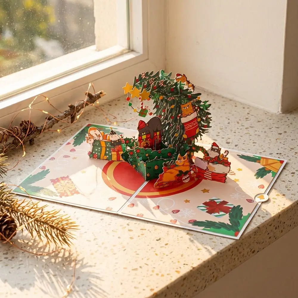 Amusement Park Theme Cat Christmas Greeting Card with Envelope Paper Carved Holiday Blessing Message Card Handmade