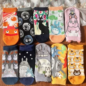 Anime Grey Cat Socks Kawii Jiji Kitten Casual Crew Socks Cartoon Howl Calcifer Short Sock Lovers Birthday Gifts For Women