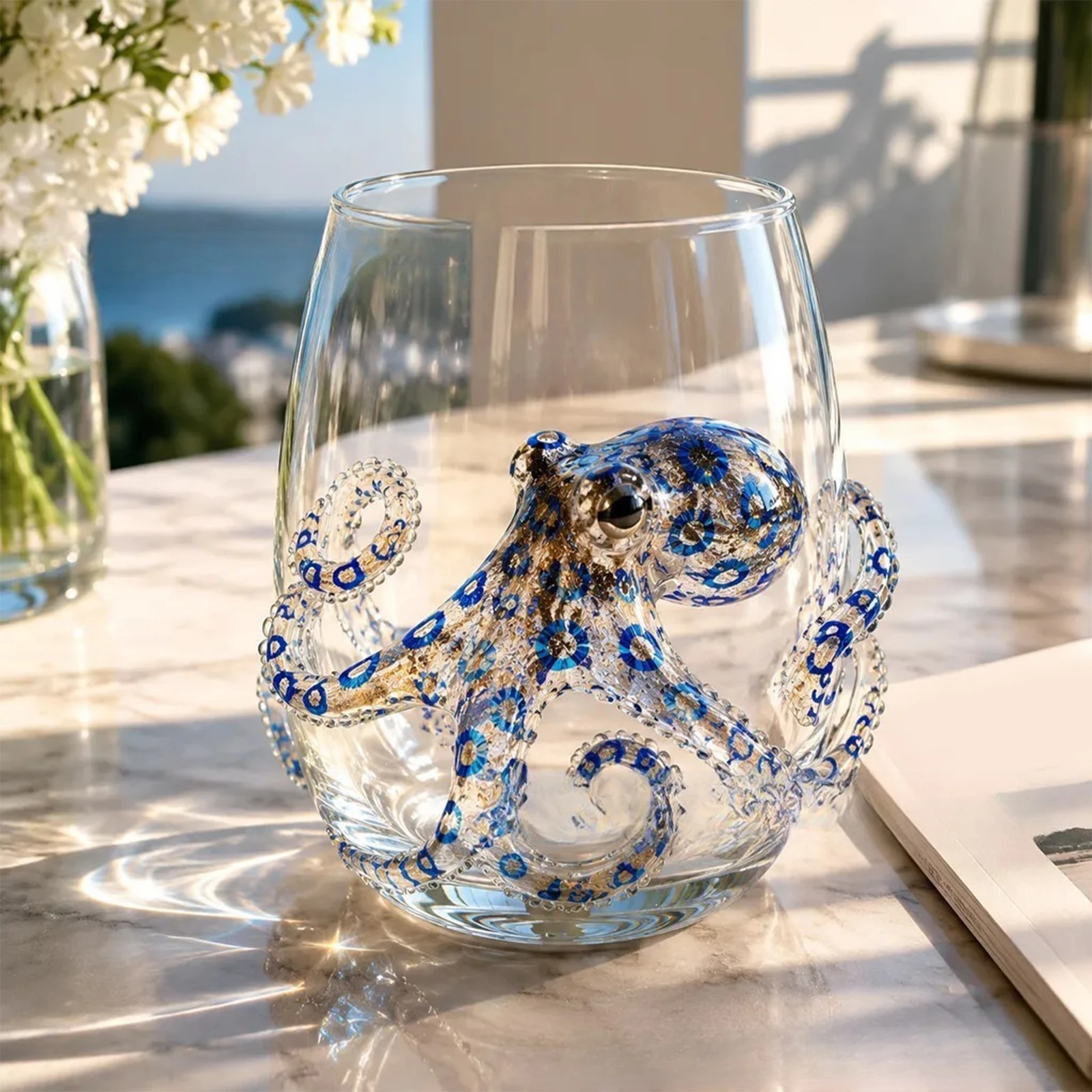 Artistic 3D Stemless Wine Glasses Home Decor Handcrafted Marine Animal Bar Glass Novelty Drinking Glass for Coastal Ocean Lovers - Image 2