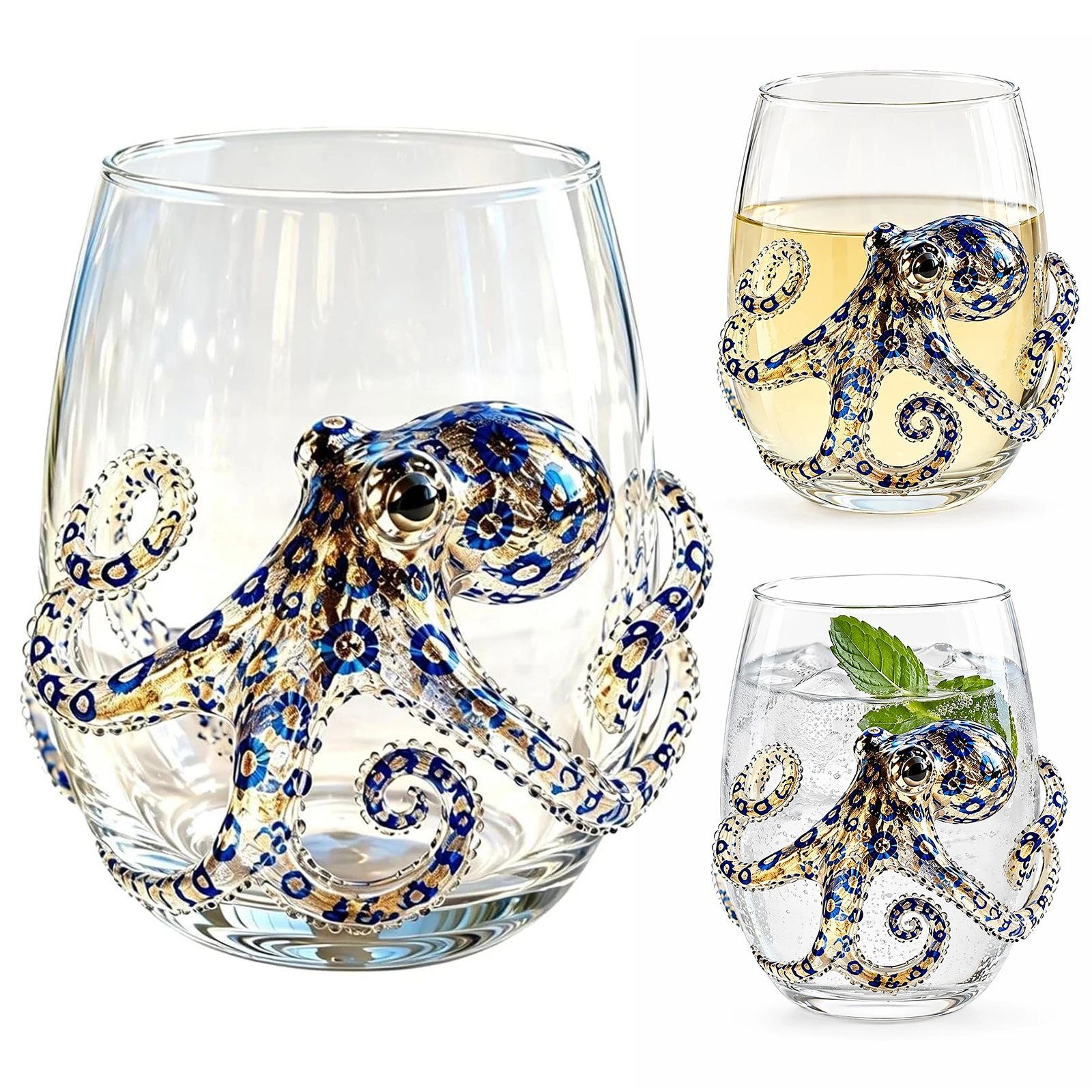 Artistic 3D Stemless Wine Glasses Home Decor Handcrafted Marine Animal Bar Glass Novelty Drinking Glass for Coastal Ocean Lovers - Image 5
