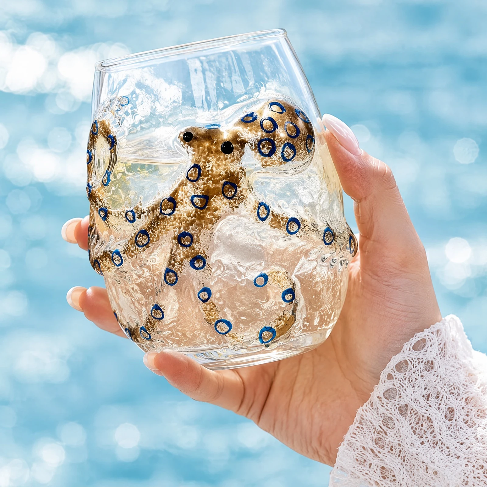 Artistic 3D Stemless Wine Glasses Home Decor Handcrafted Marine Animal Bar Glass Novelty Drinking Glass for Coastal Ocean Lovers - Image 3