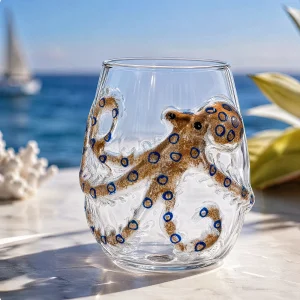 Artistic 3D Stemless Wine Glasses Home Decor Handcrafted Marine Animal Bar Glass Novelty Drinking Glass for Coastal Ocean Lovers