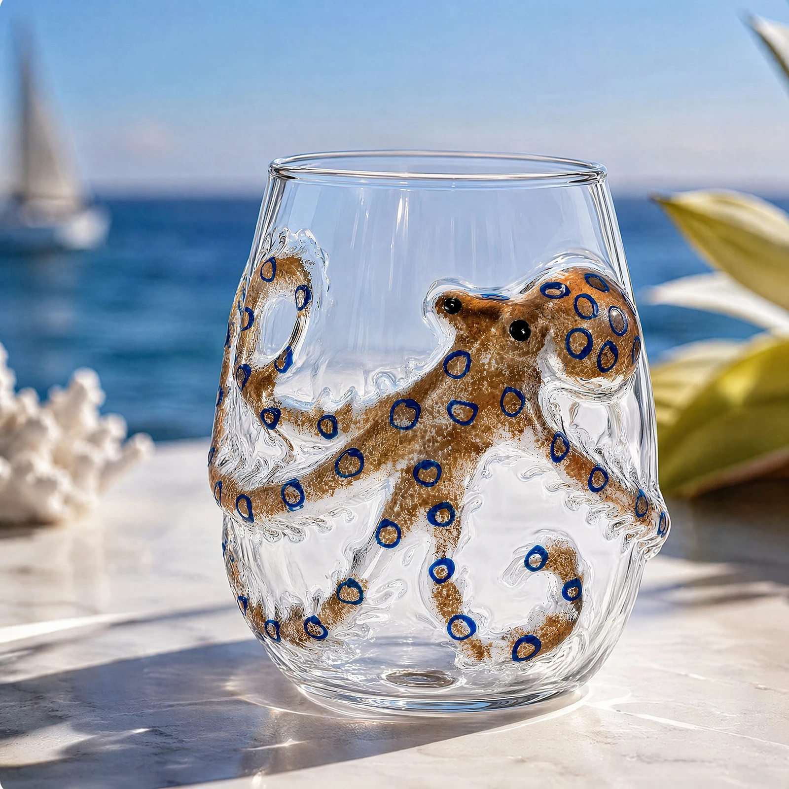 Artistic 3D Stemless Wine Glasses Home Decor Handcrafted Marine Animal Bar Glass Novelty Drinking Glass for Coastal Ocean Lovers