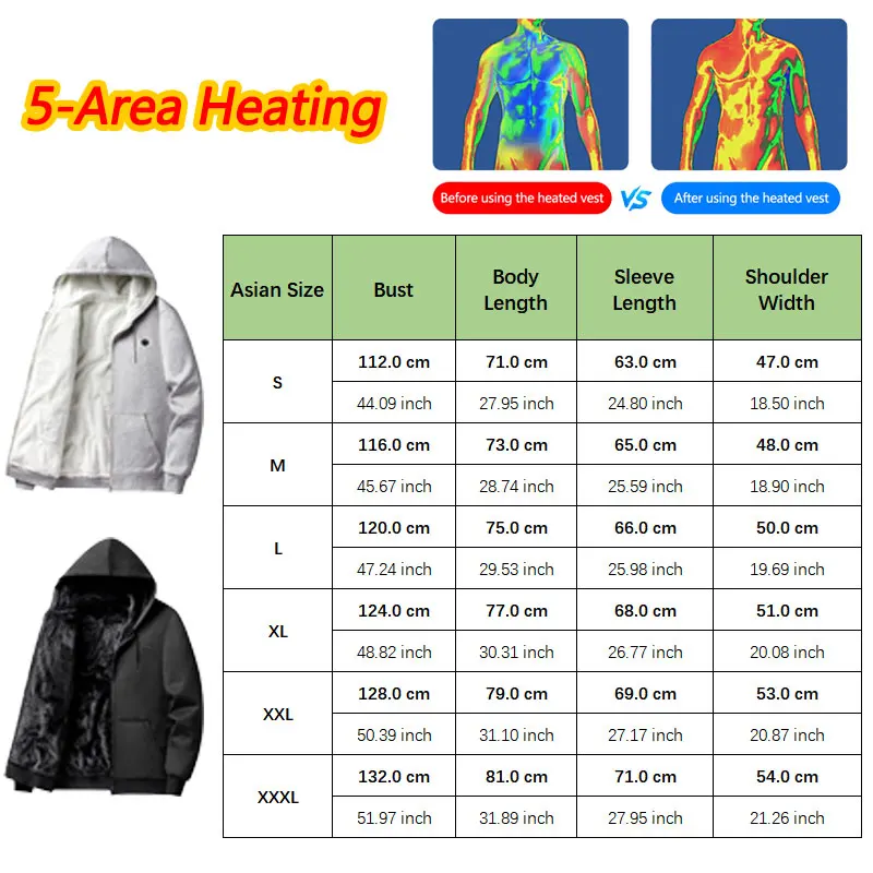Autumn Winter 5-Zone Heated Hooded Jacket Heated Warm Casual Sweatshirt Hoodie Jacket Outdoor Warm (Not Included The Power Bank) - Image 3