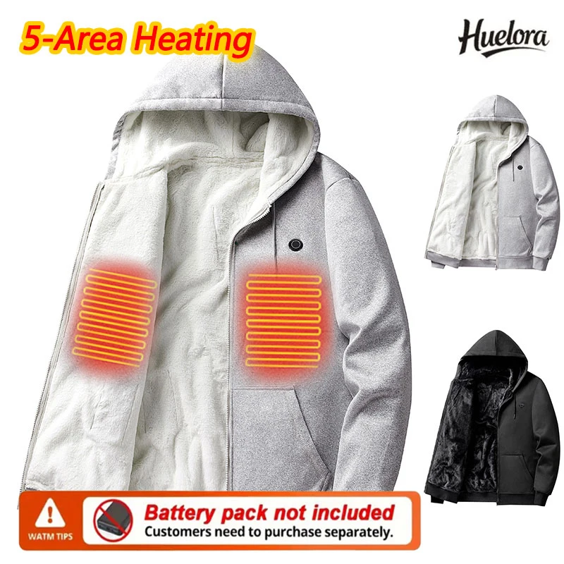 Autumn Winter 5-Zone Heated Hooded Jacket Heated Warm Casual Sweatshirt Hoodie Jacket Outdoor Warm (Not Included The Power Bank)