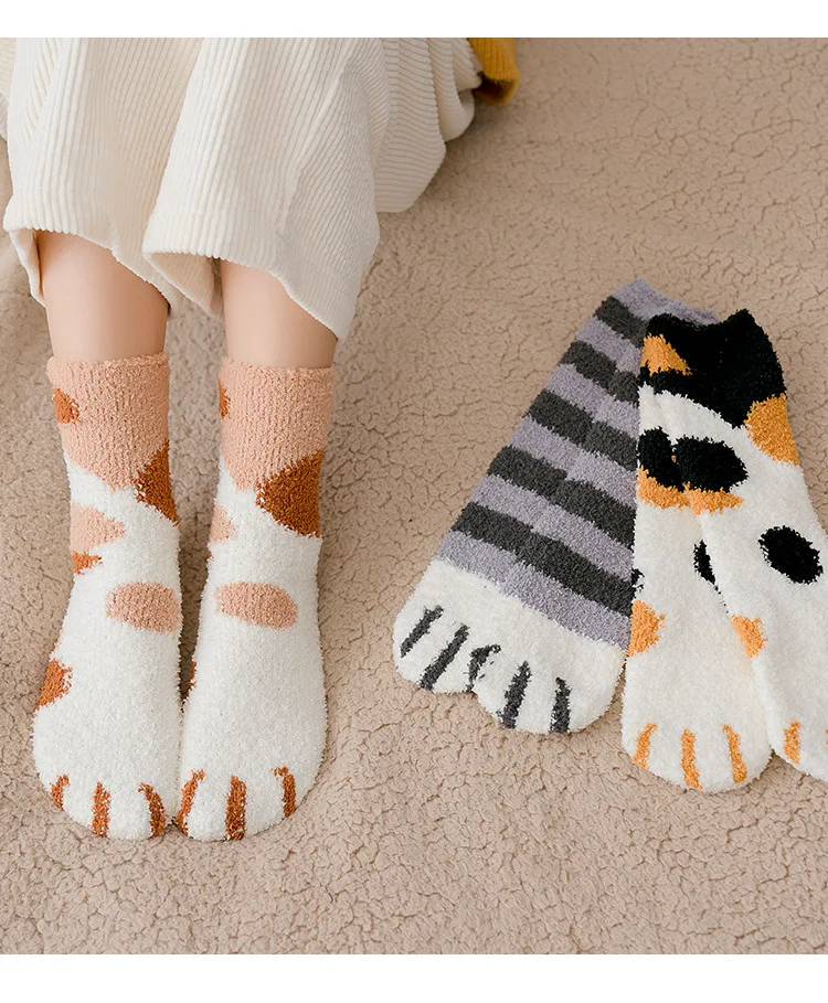 Autumn Winter Coral Velvet Socks Cute Cat Claw Socks For Women Children Girls Middle Tube Thickened Sleep Socks Home Floor Socks - Image 4