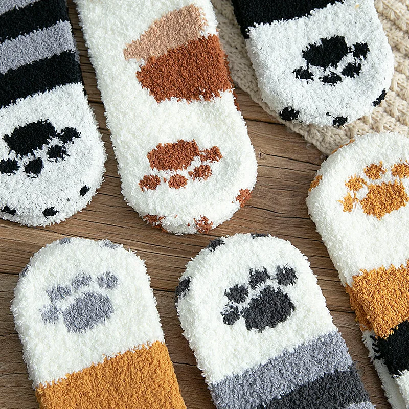 Autumn Winter Coral Velvet Socks Cute Cat Claw Socks For Women Children Girls Middle Tube Thickened Sleep Socks Home Floor Socks - Image 3