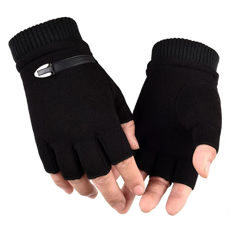 Autumn Winter Fleece Lined Half Fingers Gloves Men Male Outdoor Driving Riding Warm Fingerless Mittens Punk Hip Hop Gloves - Image 2