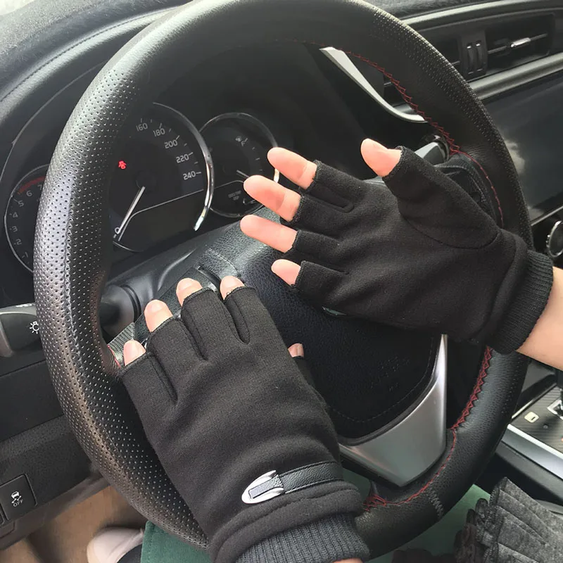 Autumn Winter Fleece Lined Half Fingers Gloves Men Male Outdoor Driving Riding Warm Fingerless Mittens Punk Hip Hop Gloves - Image 4