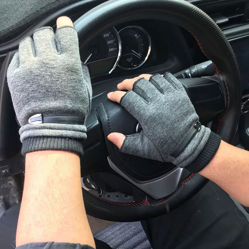 Autumn Winter Fleece Lined Half Fingers Gloves Men Male Outdoor Driving Riding Warm Fingerless Mittens Punk Hip Hop Gloves - Image 3