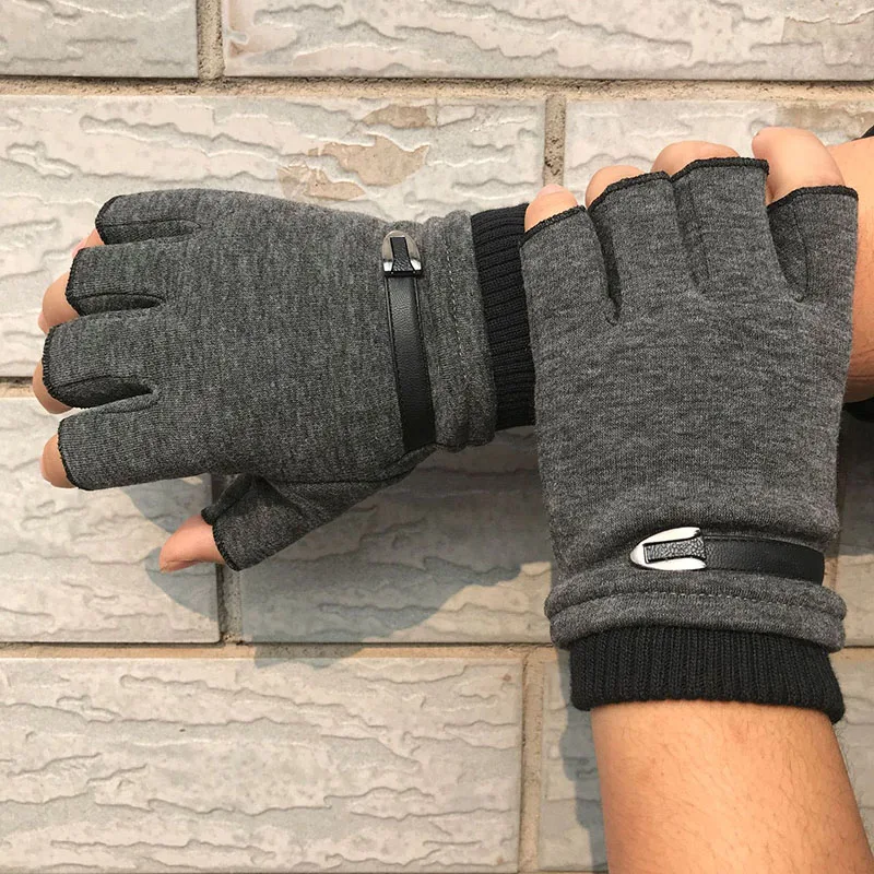 Autumn Winter Fleece Lined Half Fingers Gloves Men Male Outdoor Driving Riding Warm Fingerless Mittens Punk Hip Hop Gloves - Image 5
