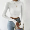 Autumn Winter Mock Neck Women Sweater Vintage Basic Solid Knitted Tops Casual Slim Pullover Sweaters Chic Jumpers Crop Top