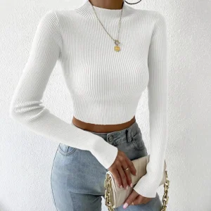 Autumn Winter Mock Neck Women Sweater Vintage Basic Solid Knitted Tops Casual Slim Pullover Sweaters Chic Jumpers Crop Top