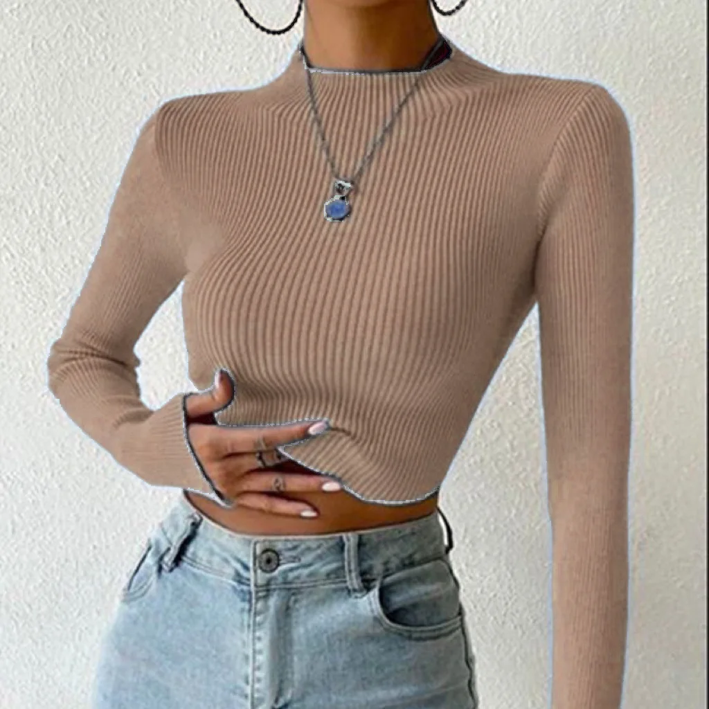 Autumn Winter Mock Neck Women Sweater Vintage Basic Solid Knitted Tops Casual Slim Pullover Sweaters Chic Jumpers Crop Top - Image 6