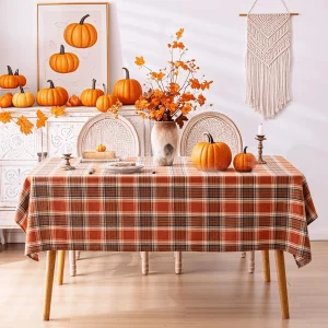 Autumn and Winter Rectangular Tablecloth, Halloween, Thanksgiving, Rust Red Checkered Theme for Restaurant and Kitchen Parties.