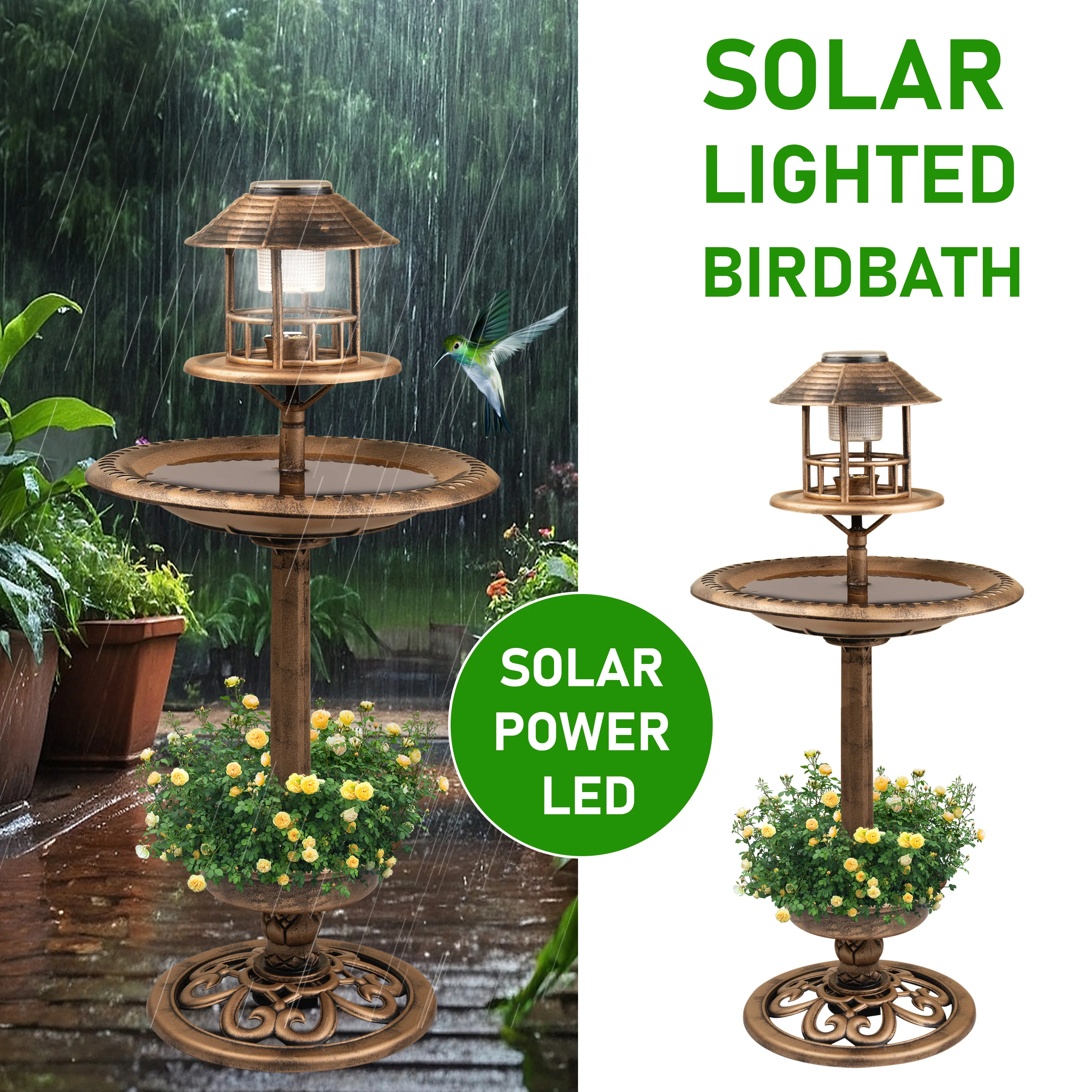 Bird bath & Feeder With Solar Power Light Birds Table Garden Station Ornament - Image 4