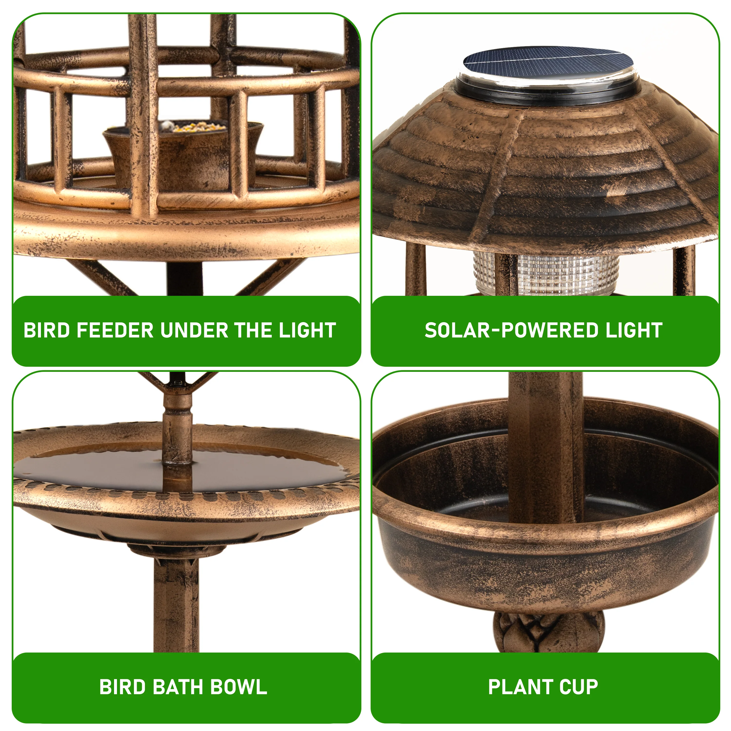 Bird bath & Feeder With Solar Power Light Birds Table Garden Station Ornament - Image 6