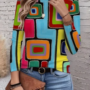 Brightly colored checkered pattern women's round neck long-sleeved top, a stylish and casual everyday look, a new 2026 style.