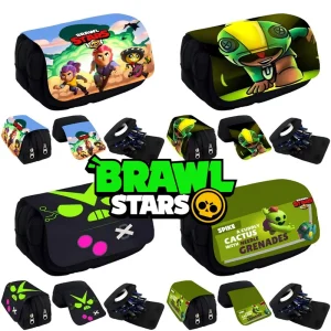Cartoon Brawl Stars Pencil Bag Spike Virus 8-Bit Character Print Pen Case, Waterproof Wear Resistant Student School Stationery