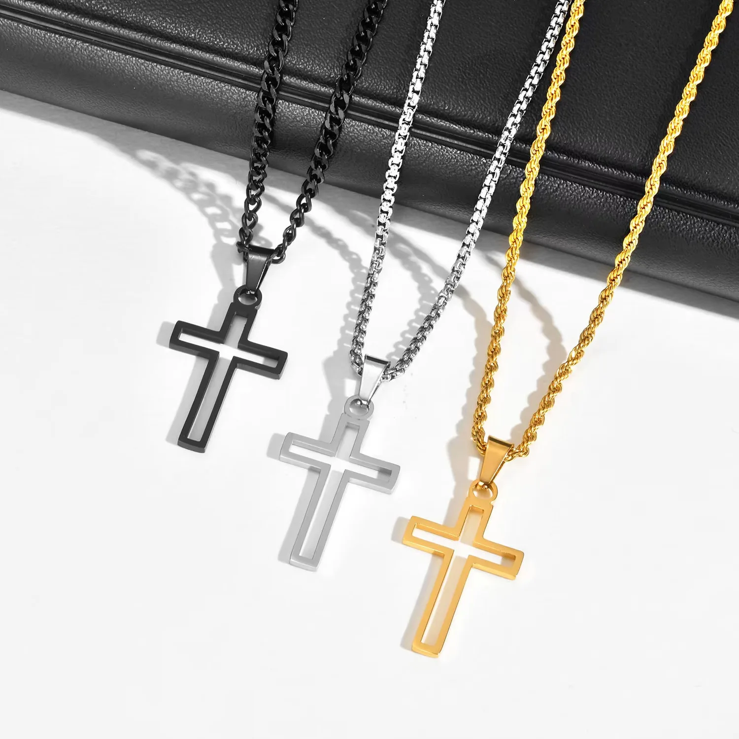 Casual Hollow Cross Necklaces for Men Boys,Waterproof Stainless Steel Cross Pendant Necklace,Religious Faith Prayer Jewelry Gift - Image 2
