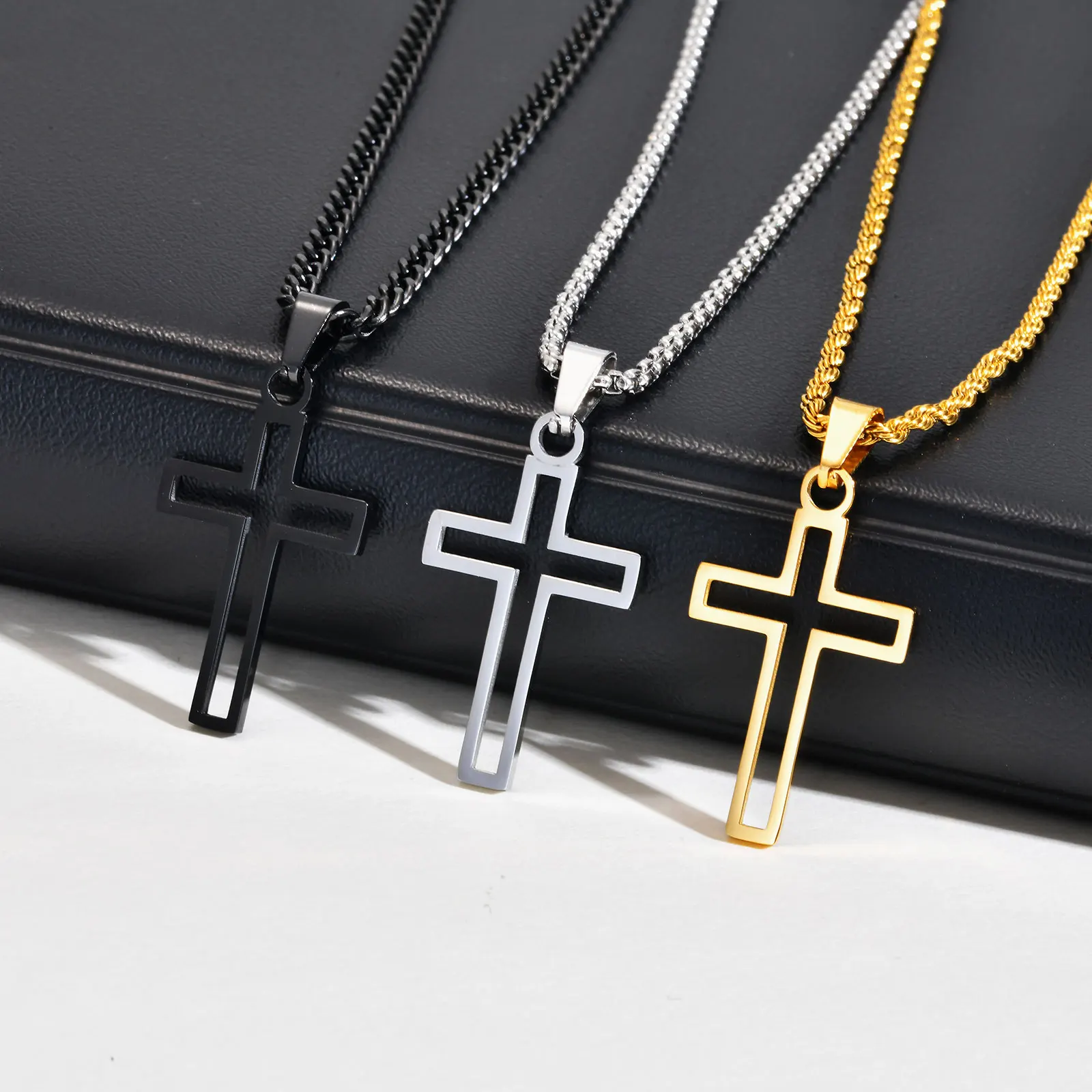 Casual Hollow Cross Necklaces for Men Boys,Waterproof Stainless Steel Cross Pendant Necklace,Religious Faith Prayer Jewelry Gift - Image 5