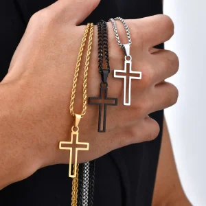 Casual Hollow Cross Necklaces for Men Boys,Waterproof Stainless Steel Cross Pendant Necklace,Religious Faith Prayer Jewelry Gift