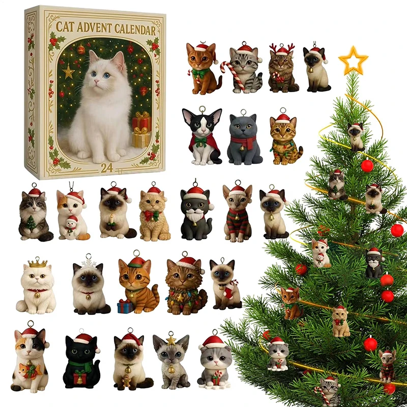 Cat Advent Calendar 2026 24 Days Christmas Countdown with 24Pcs 2D Acrylic Cute Kitten Tree Decoration for Xmas Cat Lovers Gifts