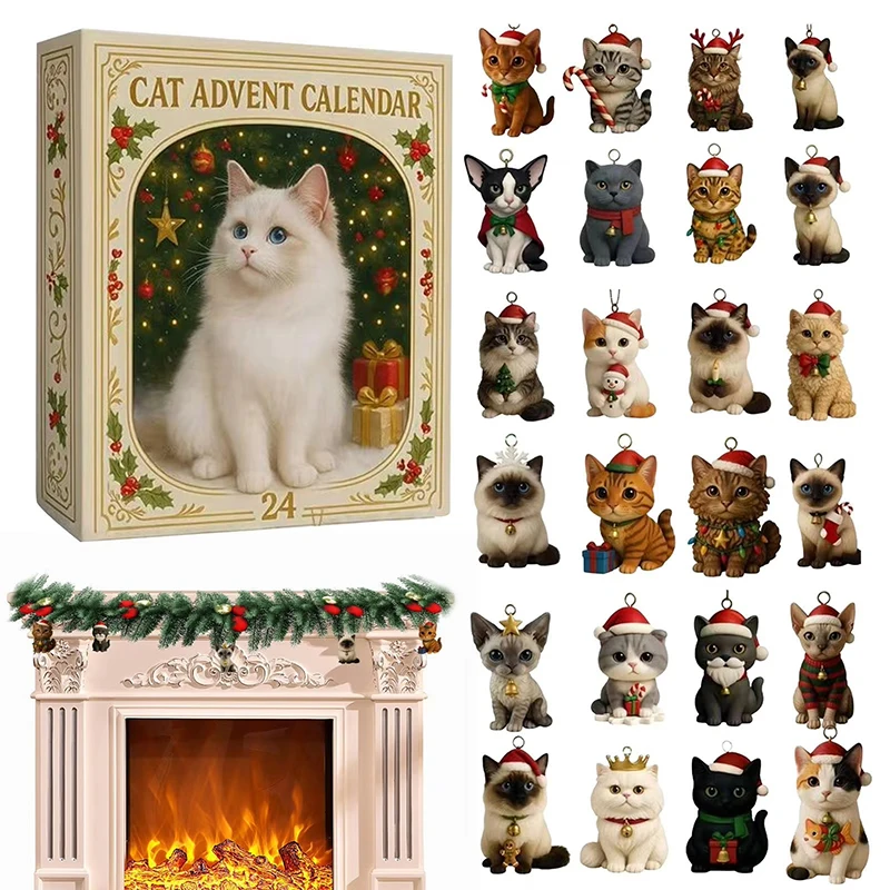 Cat Advent Calendar 2026 24 Days Christmas Countdown with 24Pcs 2D Acrylic Cute Kitten Tree Decoration for Xmas Cat Lovers Gifts - Image 3