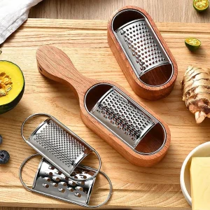 Cheese Grater With Wooden Container 304 Stainless Steel Cheese Grater Box Kitchen Parmesan Cheese Grater Shredder
