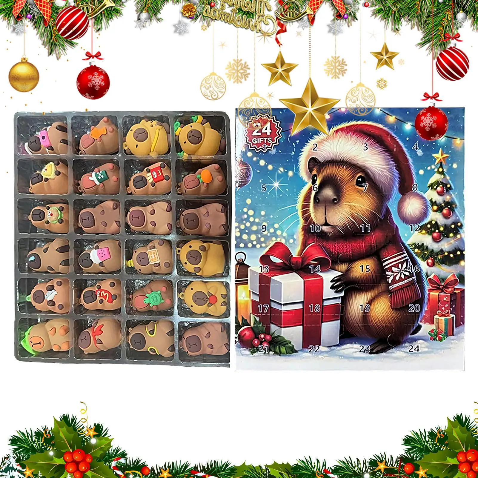 Christmas Capybara Countdown Calendar Capybara Christmas Miniature Doll Advent 24pcs 3D Cute Capybara Christmas tree Pendant - Image 4