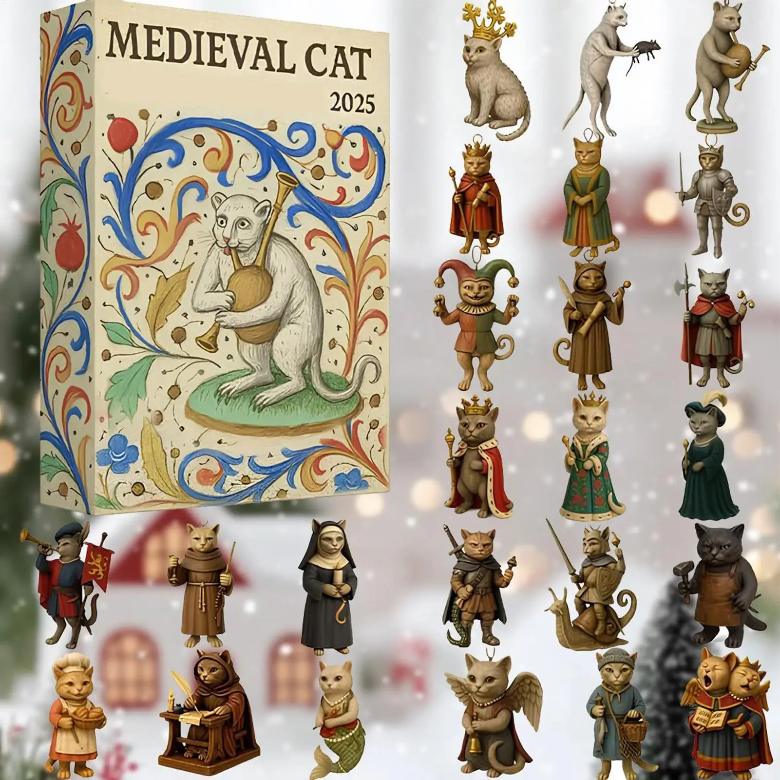 Christmas Cat Ornament Countdown 24 Day Medieval Theme Flat Toy Countdown To Christmas Calendar for Kids Toddler Teen Adult Boy - Image 3