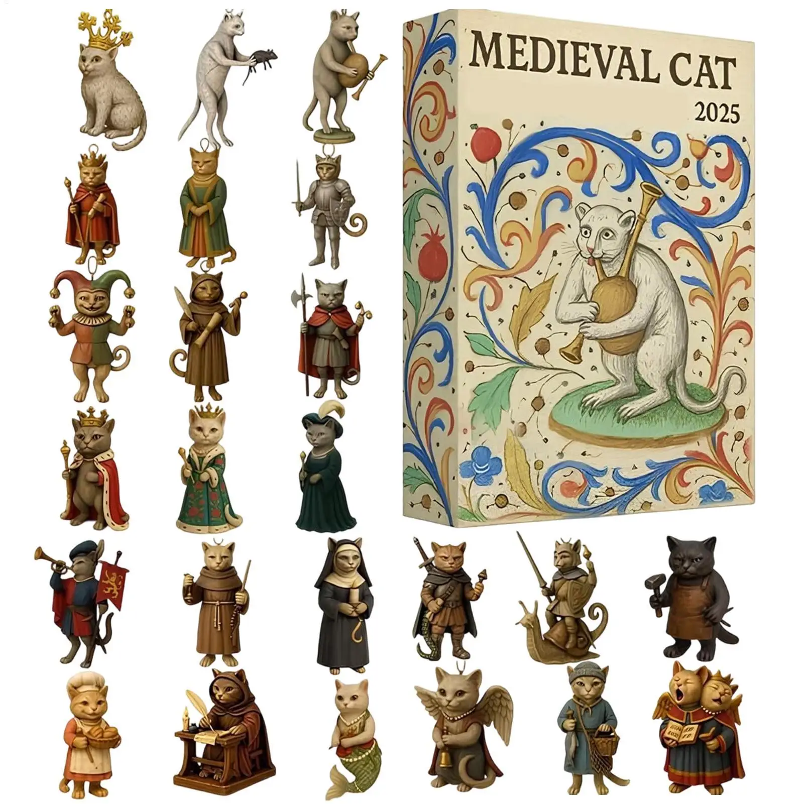 Christmas Cat Ornament Countdown 24 Day Medieval Theme Flat Toy Countdown To Christmas Calendar for Kids Toddler Teen Adult Boy