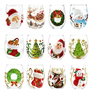 Christmas Embossed Glass Cup 3D Santa Claus Reindeer for SNOWMAN Tree Holiday Drinkware Festive Winter Gift