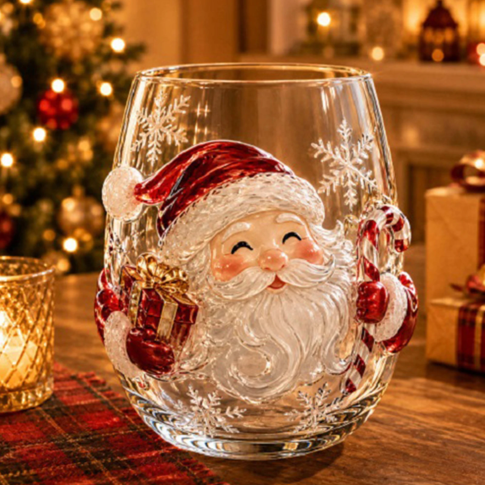 Christmas Glass Art Cup Gift Drinking Glassware - Santa Reindeer Snowman 3D Pattern Stemless Tumbler for Coffee Cocktail Juice - Image 2