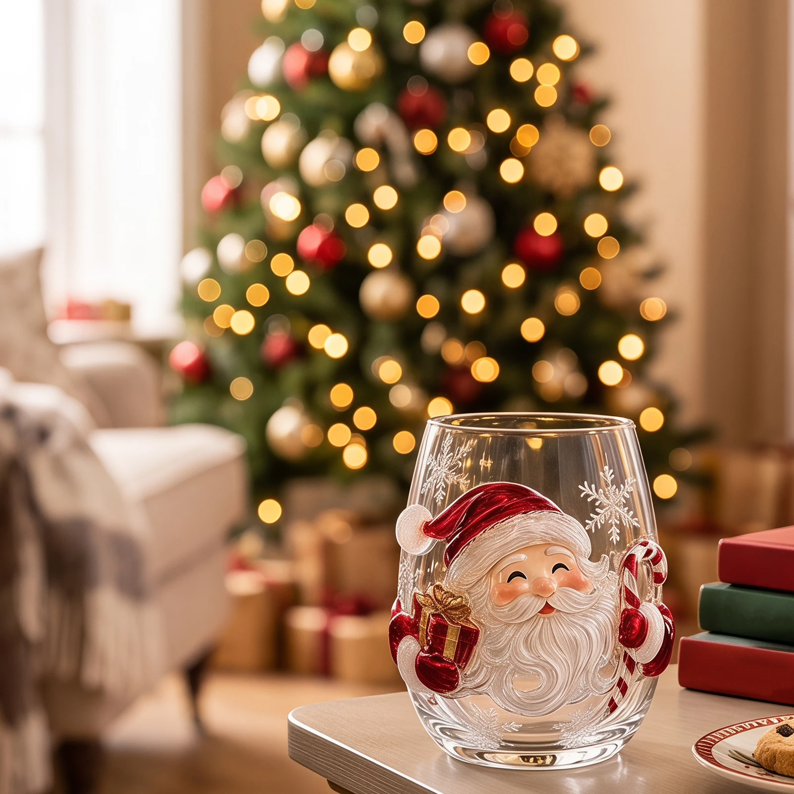 Christmas Glass Art Cup Gift Drinking Glassware - Santa Reindeer Snowman 3D Pattern Stemless Tumbler for Coffee Cocktail Juice - Image 5
