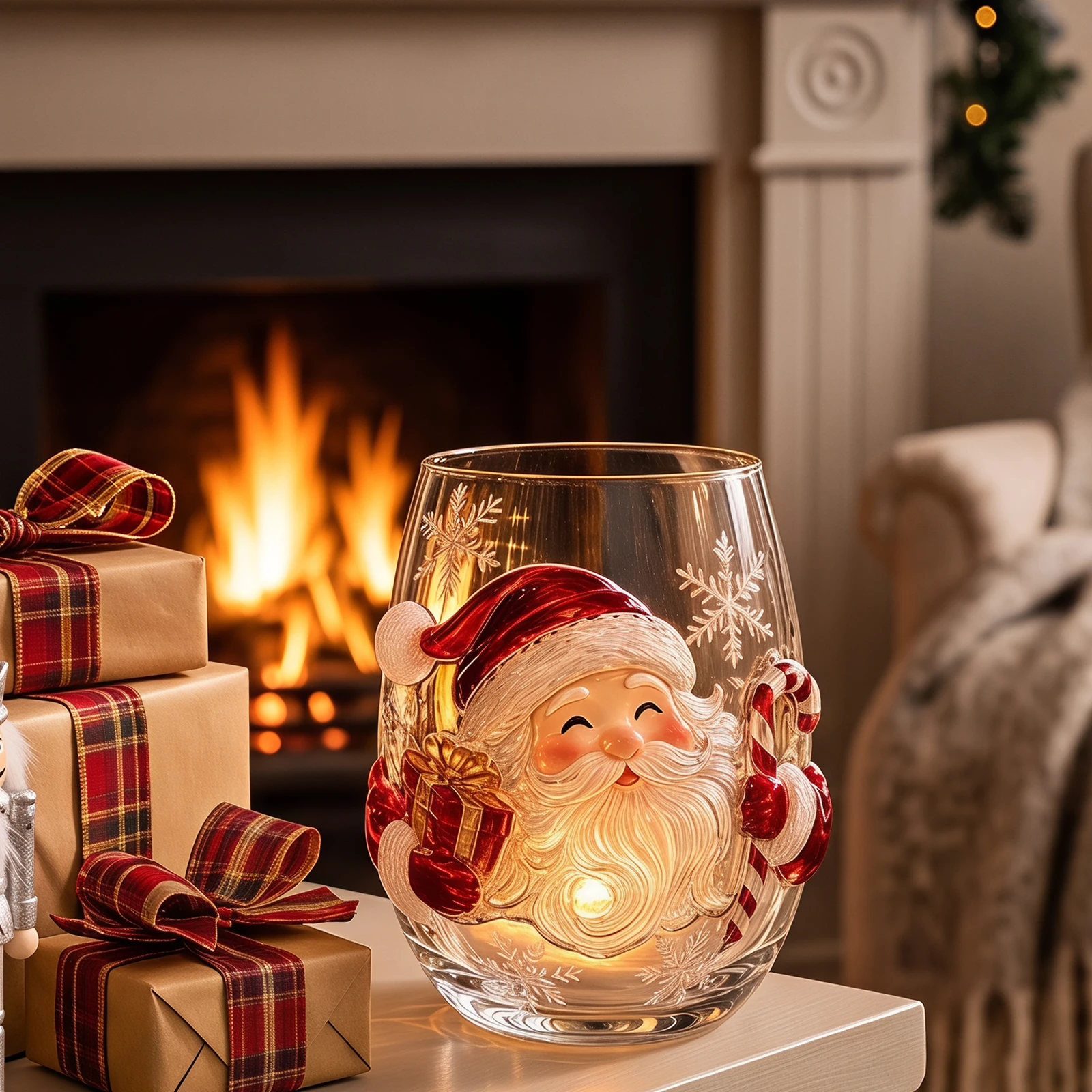 Christmas Glass Art Cup Gift Drinking Glassware - Santa Reindeer Snowman 3D Pattern Stemless Tumbler for Coffee Cocktail Juice - Image 3