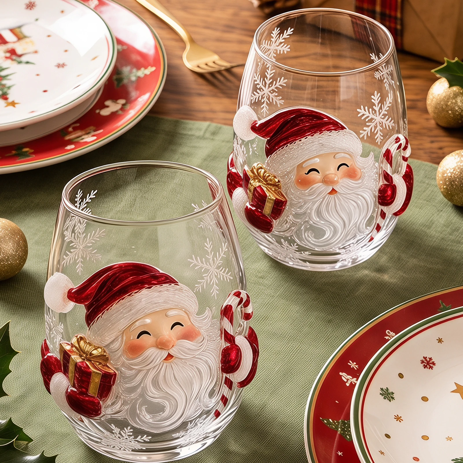 Christmas Glass Art Cup Gift Drinking Glassware - Santa Reindeer Snowman 3D Pattern Stemless Tumbler for Coffee Cocktail Juice - Image 4