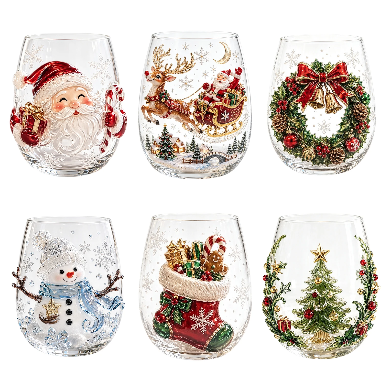 Christmas Glass Art Cup Gift Drinking Glassware - Santa Reindeer Snowman 3D Pattern Stemless Tumbler for Coffee Cocktail Juice