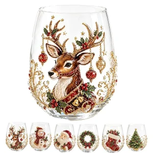 Christmas Themed Whiskey Glass Cup 3D/Flat Santa Claus Snowman Reindeer Tree Clear Tumbler Cup Xmas Decor Drinking Glass Gift