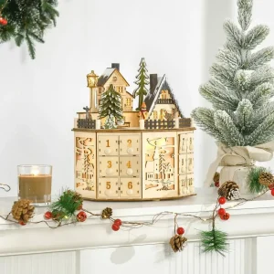 Christmas Wooden Advent Calendar with LED Light & Music Countdown Calendar with 24 Storage Drawers for Xmas Party Decorations